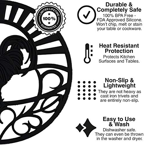 Silicone Trivet Set For Hot Dishes | Modern Kitchen Hot Pads For Pots & Pans | Country Rooster Design (Symbol of Prosperity & Good Luck) Mimics Cast Iron Trivets | 7.5" Round, Set of 3, Black - Thumbnail 2
