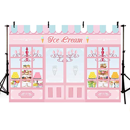 MEHOFOTO Cute Pink Photo Studio Background Ice Cream Themed Parlor Door Window Cake Princess Birthday Party Banner Wallpaper Photography Backdrops for Picture 7x5ft