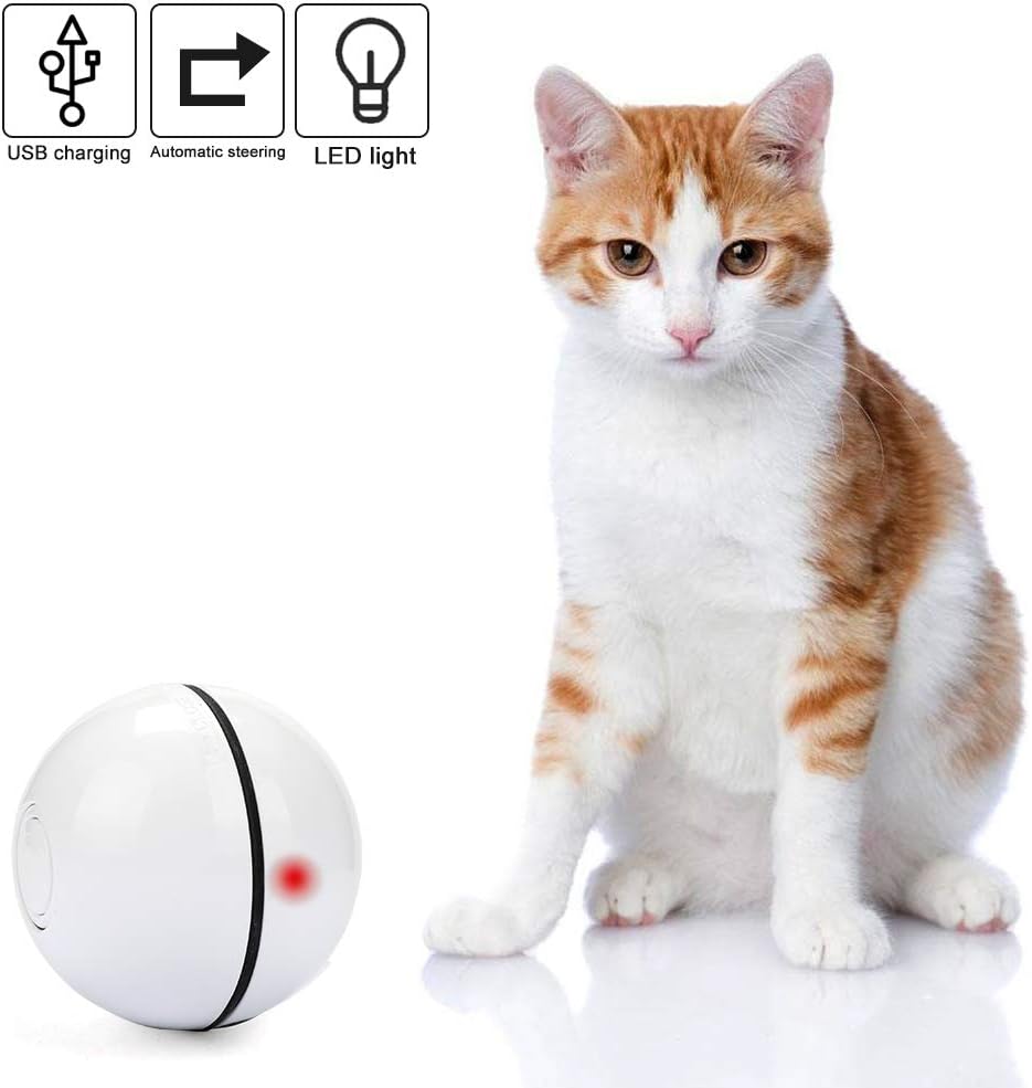Vintoney Cat Toys Interactive Automatic Rolling Ball, USB Rechargeable LED Light Entertainment Pet Exercise Chaser Toy for Cats and Dogs, LED Ball Pet Toy Increases IQ and Mental Stimulation (White)