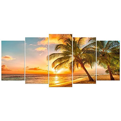 NAN Wind 5 Pcs Cozy Seascape Wall Art Sunset Beach Palm Tree Canvas Art Paintings For Room Decor