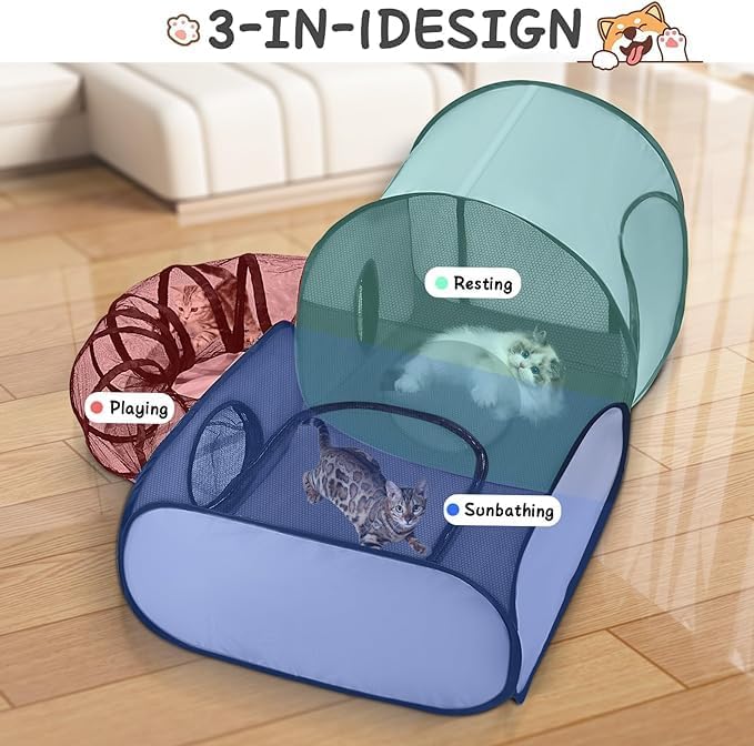 Pet Playpen with Breathable Soft Mesh Sides and Surround Tunnel, Indoor & Outdoor Cat and Small Animal Enclosure Tent, Lightweight Easy-Setup Pet Fence with Carry Bag (Medium)