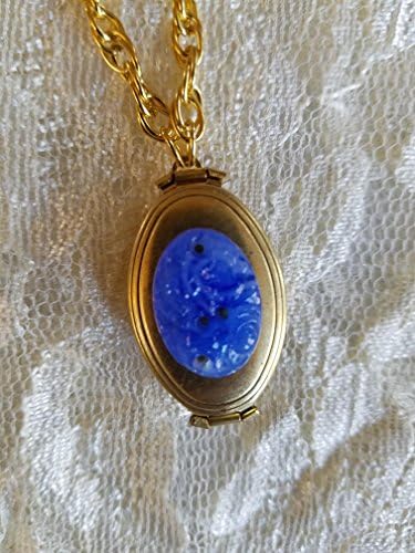 Antique Gold Blue Glass Floral Cameo Locket Necklace Holds Four Pictures