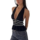 PWMENLK Women's Top Deep V-Neck Halter, Slim Fit Shirt Sexy Hollow Out Backless Tank Top(Black-S)