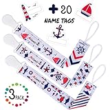 Pacifier Clip for Boys, Pack of 3 by Milanti + 20 Name Tags Labels, Premium Quality Fun Designs Universal Holder Leash for Pacifiers, Teething Toy or Soothie, Baby Shower Gift Set
