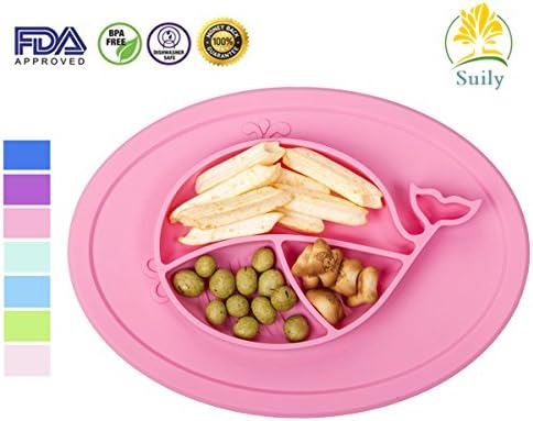 Suily Babies Highchair Feeding Tray Round Silicone Suction Placemat for Children, Kids, Toddlers,Kitchen Dining Table with Built in Plate and Bowl,Little Whale (Pink)