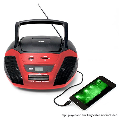 Tyler-Portable-Stereo-MP3CD-Boombox-Player-TAU102-RD-with-Mega-Bass-Sound-Text-Display-AMFM-Stereo-USBSDMMC-and-AUX-Inputs-Red