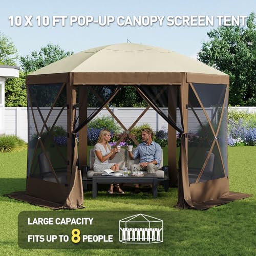 Aoxun 10x10ft Pop Up Gazebo with Screens, Instant Setup UV Protection Camping Canopy Tent, Brown image 14
