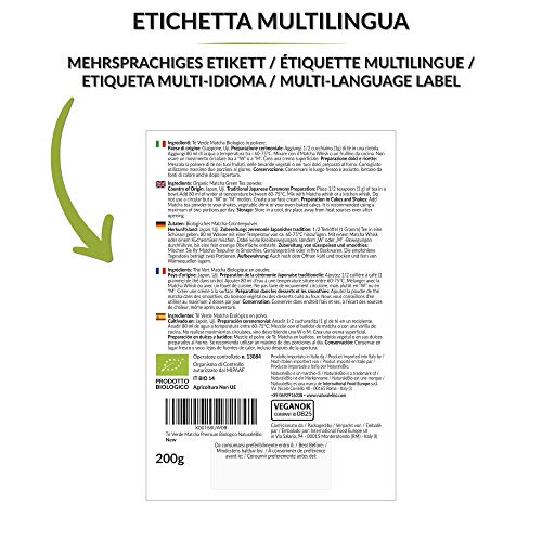 NaturaleBio Matcha Tee Pulver Bio - Premium-Qualität - 200g. Original Green Tea aus Japan. ideal zum Trinken. Grüntee-Pulver für Latte, Smoothies, Matcha-Getränk. Hergestellt in Uji, Kyoto. – Bild 3