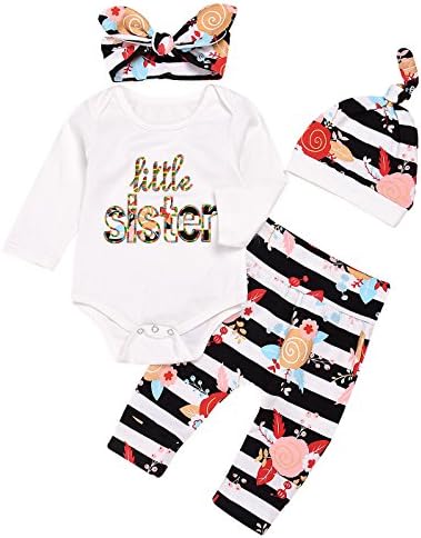 AILOM 4Pcs Infant Newborn Baby Girls Little Sister Long Sleeve Romper+Striped Print Long Pants+ Hat +Bowknot Headband Outfits Clothes (White, 0-3 M)
