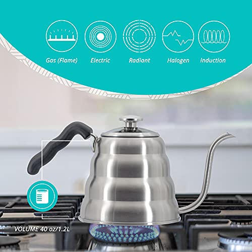 Kitchen Science Gooseneck Kettle w/ BuiltIn Thermometer (40oz/1.2L), Pour Over Kettle that