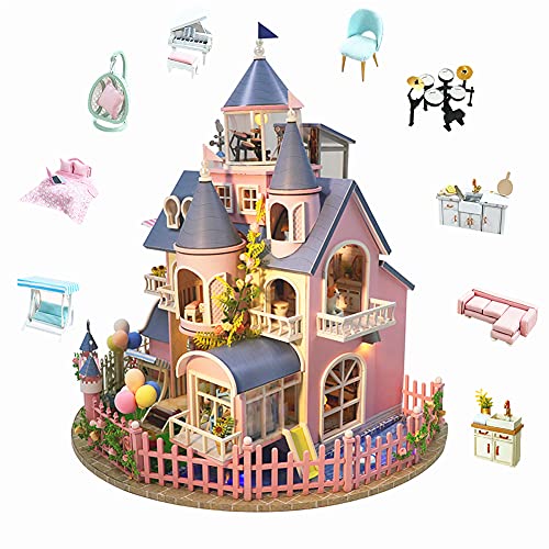 Yuzhen DIY Miniature Dollhouse Kit with Furniture and LED Lights, Large Castle Model Includes Dustcover and Music Box, Decent Gift for Adults or Kids(Fairy Castle)