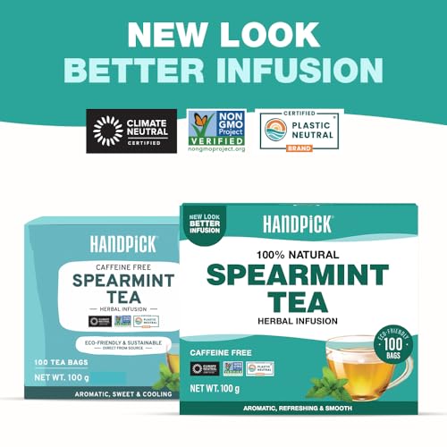 HANDPICK, Spearmint Tea (100 Herbal Tea Bags) Premium Spearmint Leaves, Caffeine Free | Non-GMO, Gluten Free | 100% Halal Certified | Round Eco-Conscious Tea Bags | Light & Fresh