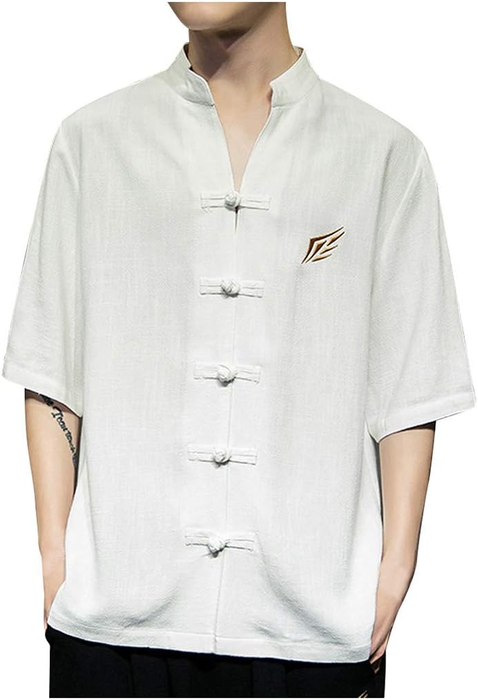 DAYLIN Men Summer Soft Nice Vintage Embroidery Linen Patchwork O-Neck Short Sleeve T-Shirt Tops