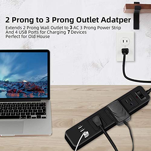 2 Prong Surge Protector Power Strip, Extension Cord 2 Prong to 3 Prong