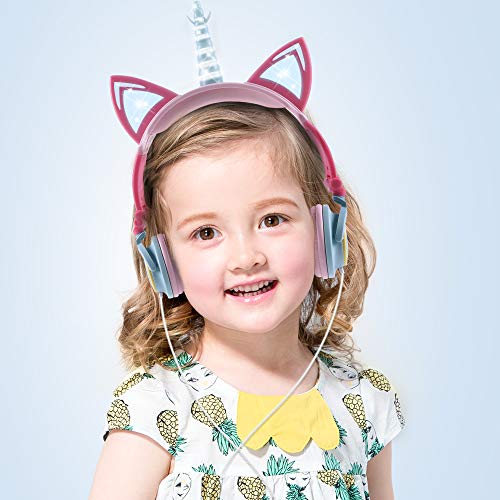 Ifecco Cuffie per Bambini, Cuffie Pieghevoli per Bambini con Luci LED Regolabile del Gatto Simili Orecchie, Cuffie Over-Ear Cablata, Halloween & Regalo di Natale per Bambini (Multicolore Unicorno)