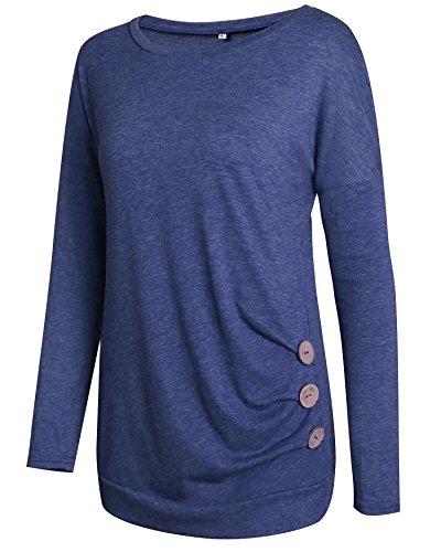 Aliex Women's Tunic Top Long Sleeve Casual Blouse T-Shirt Button Decor Blue L