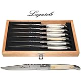 Laguiole - Real Bone - 6 Steak Knives - Blade: 2 Mm - Smooth + Very Sharp (Perfect Steak/Pizza Knife) - Original Genuine Laguiole - Quality Family Table Cutlery/Flatware Setting for 6 People - Set in Wooden Presentation Box - Direct From France