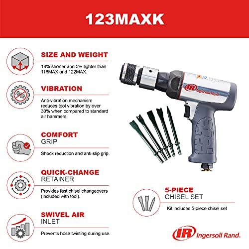 Ingersoll Rand 123MAXK Vibration Reduced Air Hammer 5-Piece Chisel Set, 3,530 BPM, 2-5/8