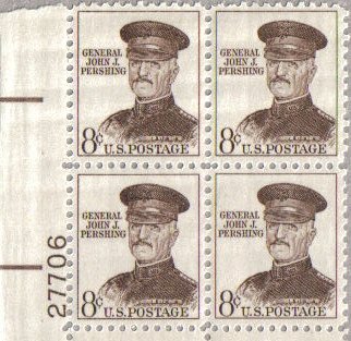 JOHN J. (Black Jack) PERSHING ~ WWI ~ BUFFALO SOLDIERS ~ WEST POINT ~#1042a Plate Block of 4 x 8 cents US Postage Stamps