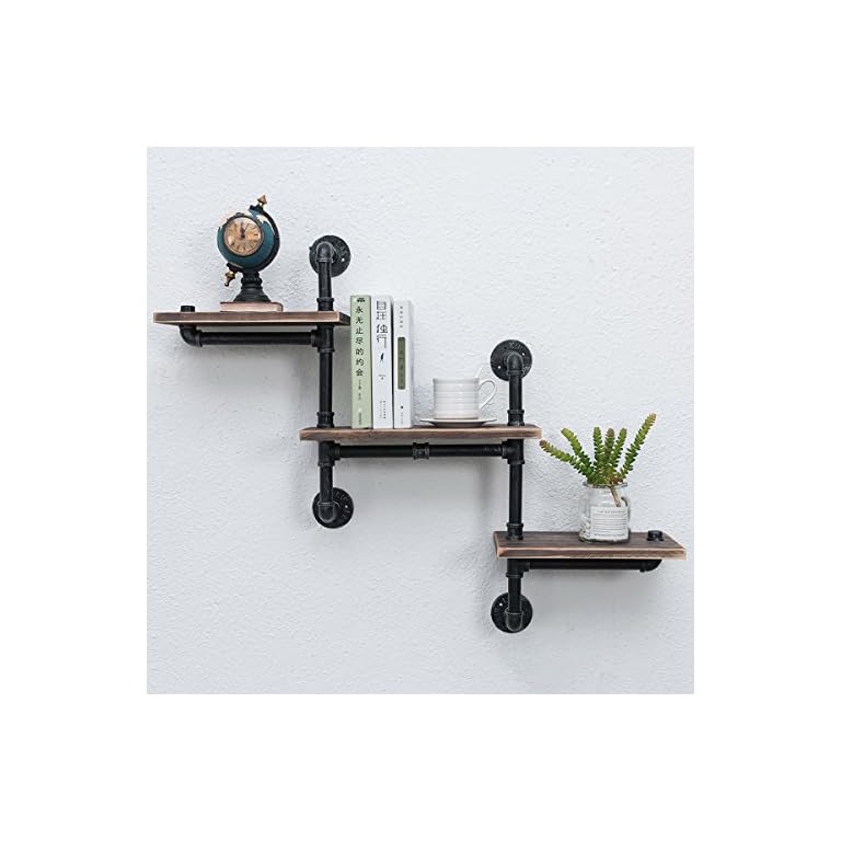 MBQQ Industrial Bookshelf Pipe Shelves 3 Tiers,Rustic Wood Shelf Wall