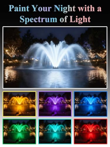 Pond Fountain Aerator with Lights, 1 HP with Dynamic RGB Lighting, Adjustable Modes, Digital Timer, for Large Ponds, Lakes & Outdoor Water Features, 15,000 GPH, 750W 110V, 100FT Cord