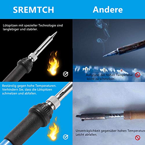 Lötkolben, SREMTCH 60W/220V Lötkolben Set mit Einstellbarer Temperatur knob 200-450°C und EIN/AUS-Schalter, 100g Lötzinn, 5 Lötspitzen, Entlötpumpe, Löten Ständer mit Schwamm, PU Bag für Reparaturen – Bild 4