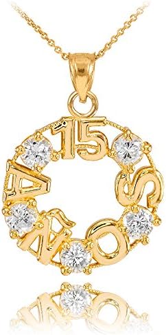 14k Yellow Gold Quinceanera 15 Anos CZ Pendant Necklace, 22"