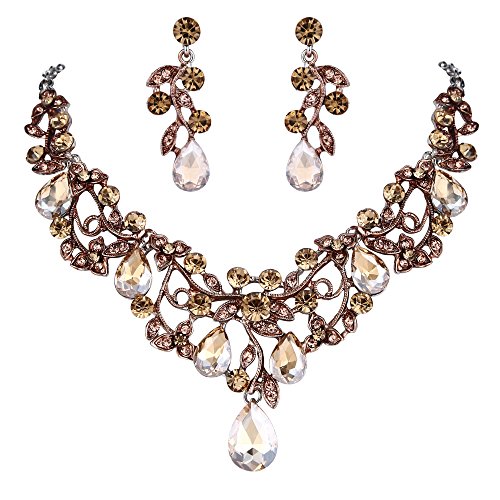 ClearineWomen's Bohemian Boho Crystal Filigree Vine Leaf Hollow Enamel Statement Necklace Dangle Earrings Set