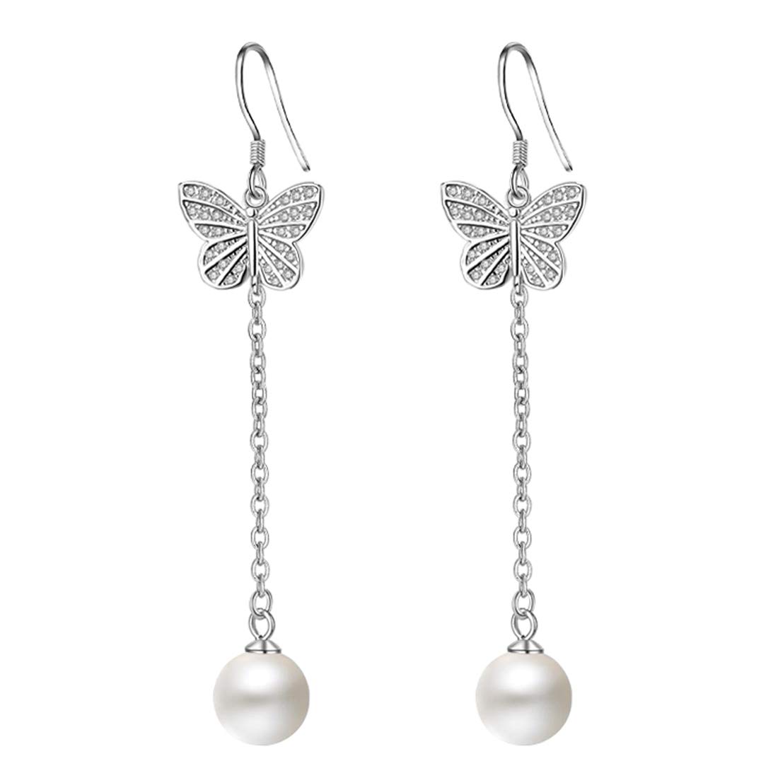 Caimeytie women's butterfly drop earrings with pearls and cubic zirconia 925 sterling silver valentines present