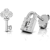 TURQ N TAUPE 925 Sterling Silver Stud Earrings for Women Key and Lock Cubic Zirconia Stud Earring for Women