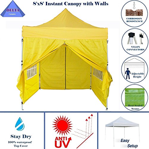 DELTA Canopies 8'x8' Yellow - EZ Pop up Canopy Party Tent Instant Gazebo 100% Waterproof Top with 4 Removable Sides