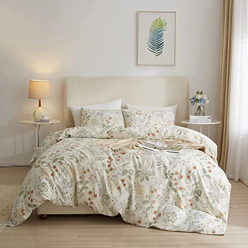 AMWAN Duvet Cover Set King White Floral Duvet Cover Cotton Floral Bedding Sets Chic Flower Botanical Comforter Cover Garden Style Vintage Floral Bedding Duvet Cover with 2 Pillowcases 104x90