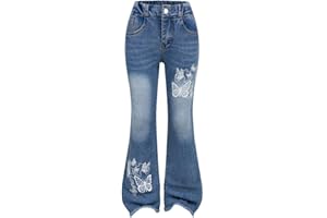 Toddler Little Girls Flare Jeans Butterfly Embroidery Skinny Stretchy Elastic High Waist Denim Pants Spring Fall Jeans