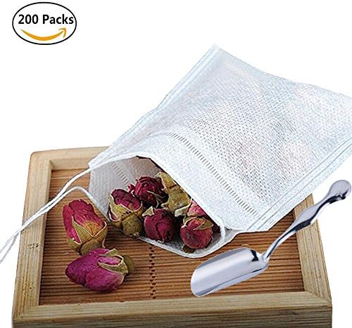 200 Pcs Disposable Tea Filter Bags Empty Drawstring Seal Filter Tea Bags for Loose Leaf Teal With Teaspoon