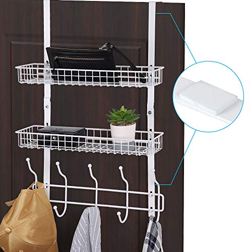 NEX Upgrade Over The Door Hook Shelf Organizer 5 Hooks with Basket Storage Rack for Coats & Towels (White- 2 Basket)