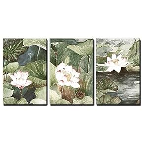 3 Panel Watercolor Style Lotus Flowers and Leaves...