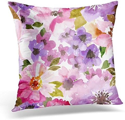 TOMKEYS Throw Pillow Cover Blue Abstract Pattern with Flowers and Plants Watercolor Floral Spring Paint Decorative Pillow Case Home Decor Square 16x16 Inches Pillowcase