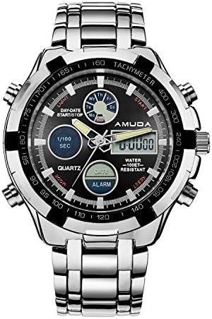 Men's Waterproof Military Watch Quartz Analog Digital Sport Watch Business Casual Fashion Wrist watch Chronograph Date LCD Display (SILVER+BLACK)