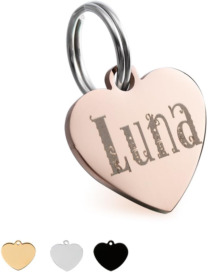 Heart Pet ID Tags Stainless Steel Dog Tags cat Tags Personalized Front and Back Engraving,L,Rose Gold