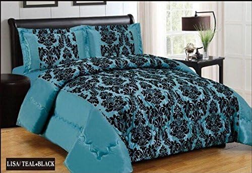 Neve Noelene New Kelly Damask Luxury Super Soft 3pc Flock Quilted Bedspread Comforter Bed - Cyan Teal Black (King (240cm X 260cm))