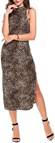 Zeela Women Halter Sleeveless Side Slit Leopard Animal Print Long Party Dress
