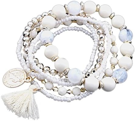 Respctful Vintage Stretch Acrylic Beaded Bohemian Lady Bracelet Bangle Jewelry for Women (White)