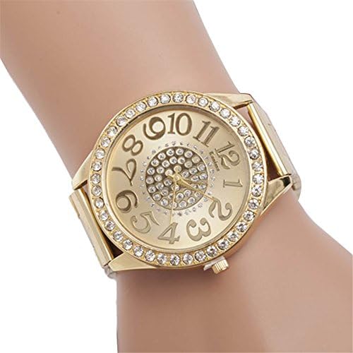 Ladies Luxury Diamond decoration Stainless Steel Quartz Wrist Hour Dial women Watch Large Number Face (S, Gold)