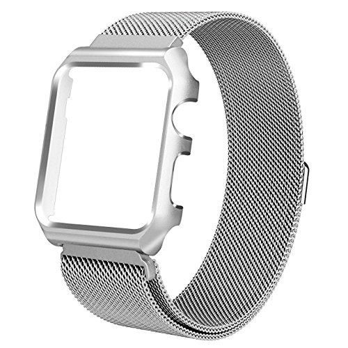 For Apple Watch Bands 38mm, Maxjoy iWatch Bands Milanese Loop Stainless Steel Straps with Magnetic Closure Clasp + Protective Case for Apple Watch 38mm Series 3/2/1 Sports Edition Men Women Silver
