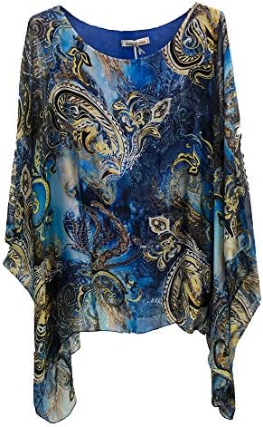 Suit and Suit Ladies Womens Italian Lagenlook Open Neck Paisley Print Silk Flowy Batwing Tunic Top Blouse One Size
