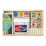 Melissa & Doug Wooden Classroom Stamp Set With 10 Stamps, 5 Colored Pencils, 4 Sticker Sheets, and 2-Colored Stamp Pad