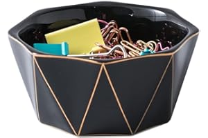 YOSCO Paper Clip Holder With Gold Line Geometric Ceramic Paper Clip Dispenser for Desk Cute Paper Clip Organizer Office Binder Clip Holder (Black)