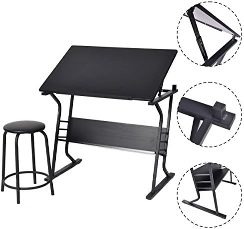 COSTWAY Drawing Table Titlable Tabletop Adjustable Drafting Workstation Craft Art Desk Home Office Study W/Stool (Black)
