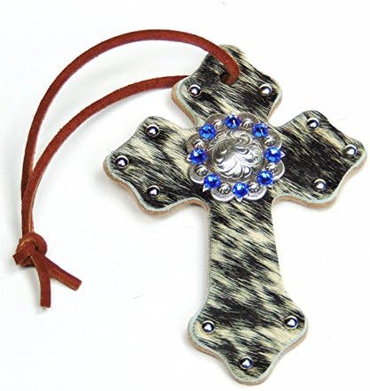 American River Tack Genuine Leather, Salt and Pepper Hair On Roman Saddle Cross with Swarovski Crystal Concho, 3-1/4" x 4-1/2", Sapphire Blue