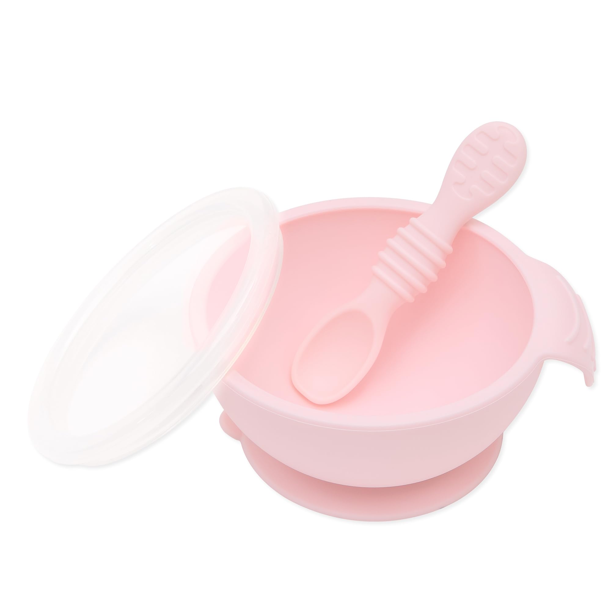 Bumkins Suction Silicone Baby Feeding Set, Bowl, Lid, Spoon, BPA-, First Feeding, Baby Led Weaning - Baby Pink